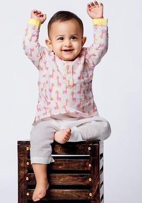 Off White Printed Cotton Kurta Set For Boys