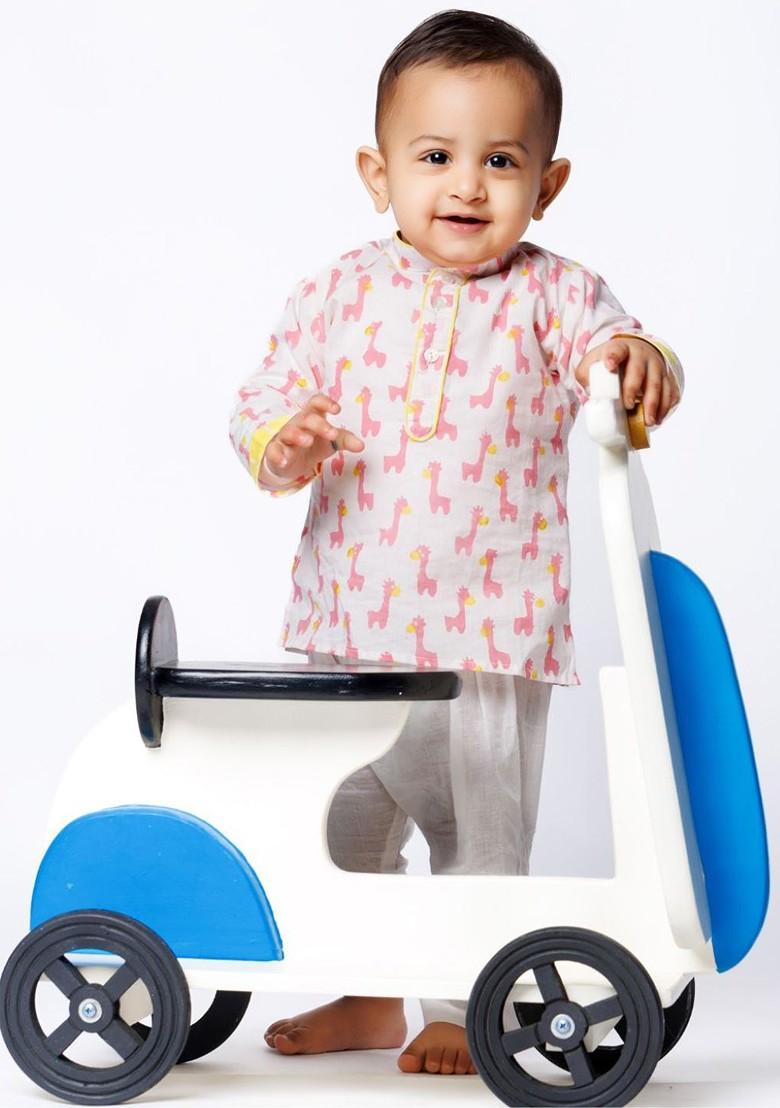 Off White Printed Cotton Kurta Set For Boys - Indya