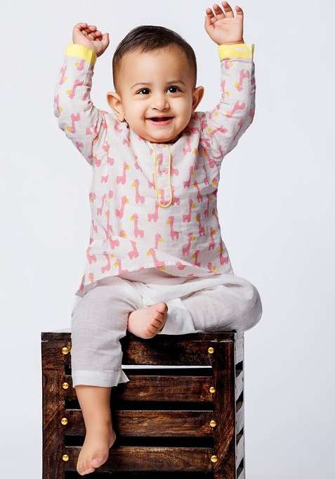 Off White Printed Cotton Kurta Set For Boys