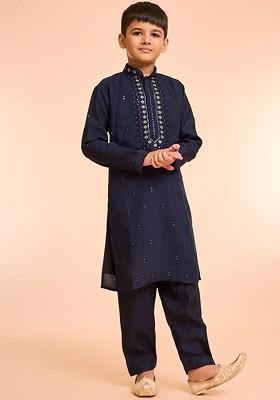 Navy Blue Embroidered Blended Kurta Set For Boys