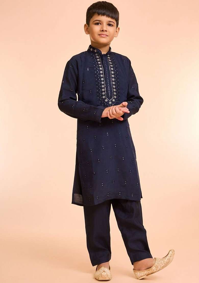 Navy Blue Embroidered Blended Kurta Set For Boys - Indya