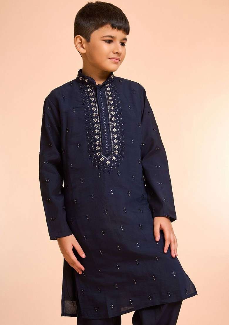 Navy Blue Embroidered Blended Kurta Set For Boys - Indya
