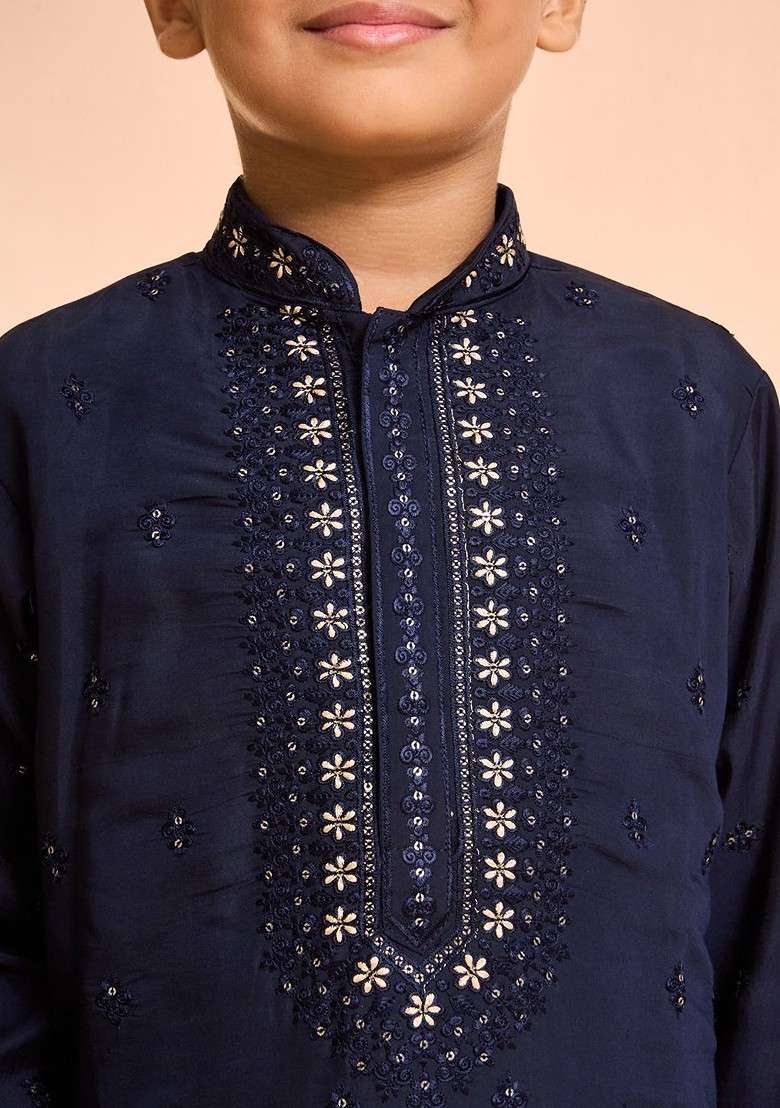 Navy Blue Embroidered Blended Kurta Set For Boys - Indya