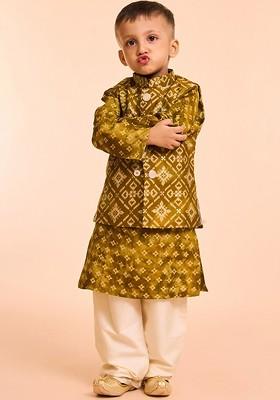 Green Woven Design Blended Nehru Jacket Set For Boys