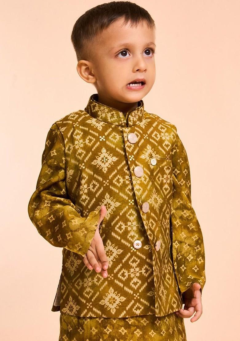 Green Woven Design Blended Nehru Jacket Set For Boys - Indya