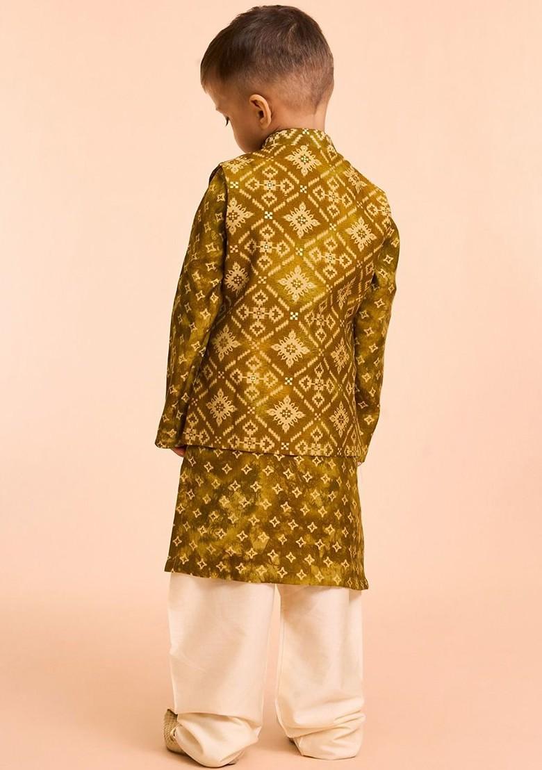 Green Woven Design Blended Nehru Jacket Set For Boys - Indya