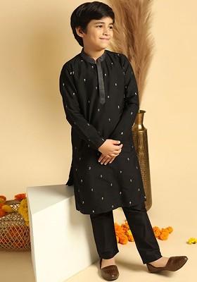 Black Embroidered Blended Kurta Set For Boys