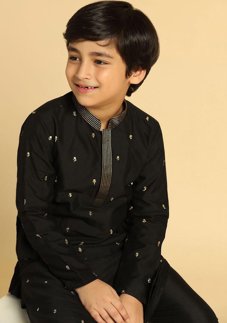 Black Embroidered Blended Kurta Set For Boys - Indya