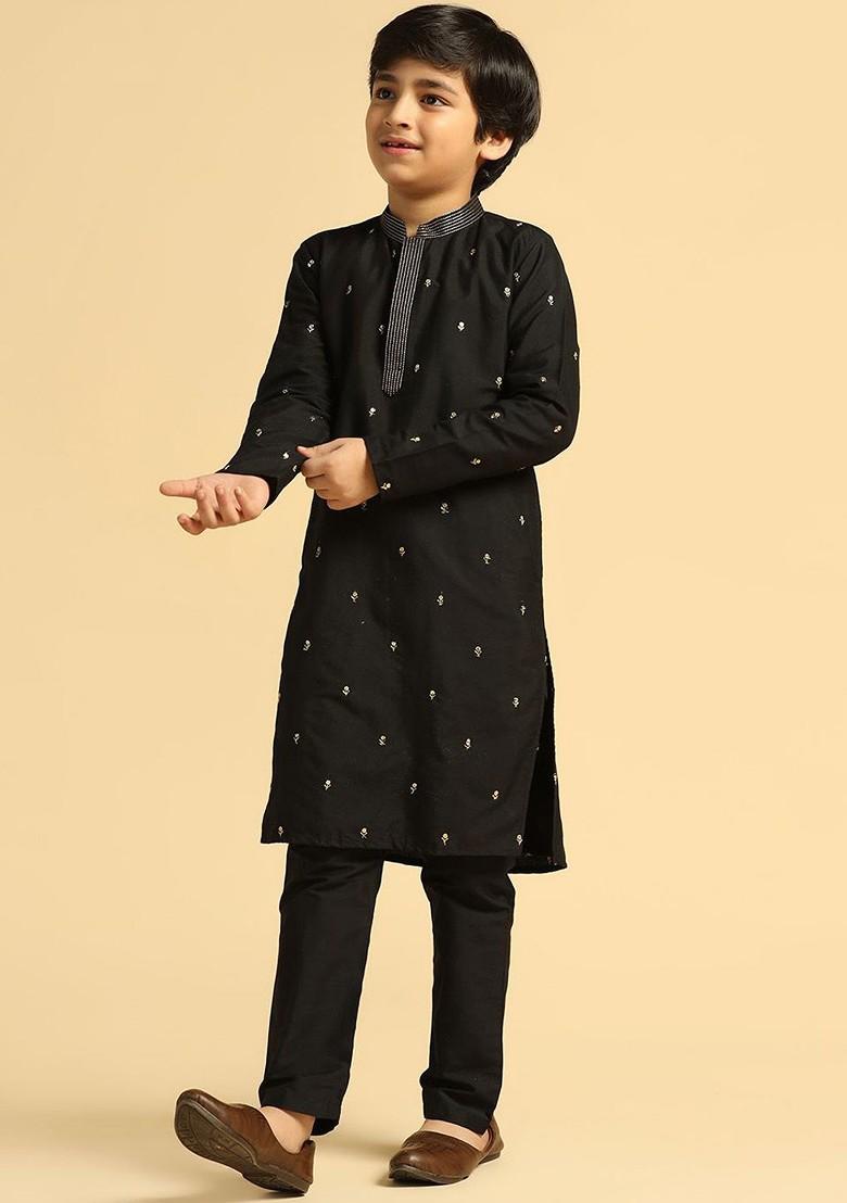 Black Embroidered Blended Kurta Set For Boys - Indya