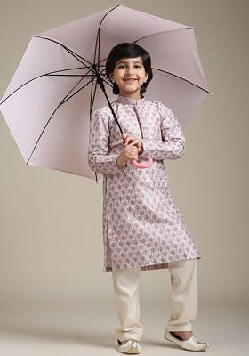 Peach Printed Blended Kurta Set For Boys