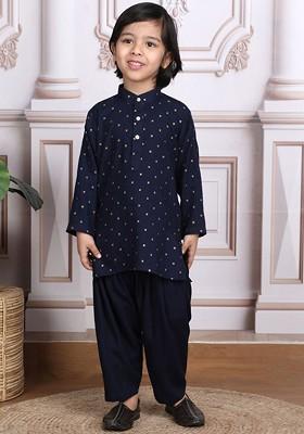 Navy Blue Printed Cotton Kurta Set For Boys