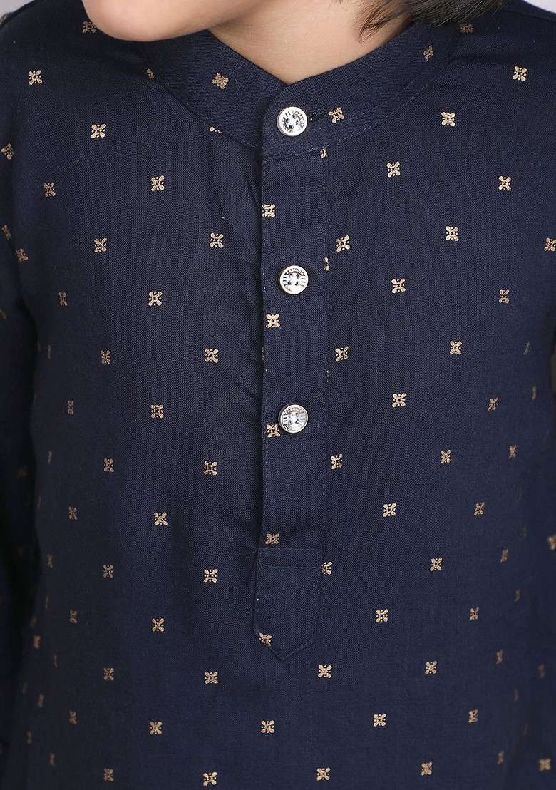 Navy Blue Printed Cotton Kurta Set For Boys - Indya