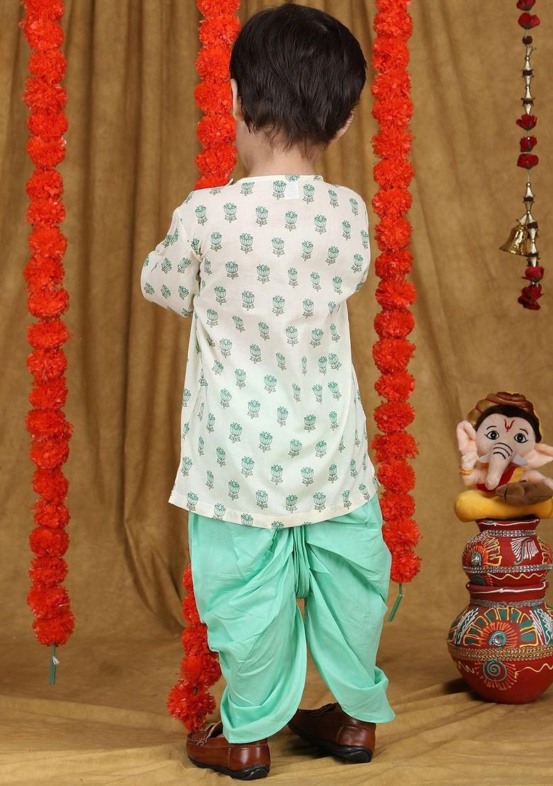 Blue Printed Cotton Kurta Dhoti Set For Boys - Indya