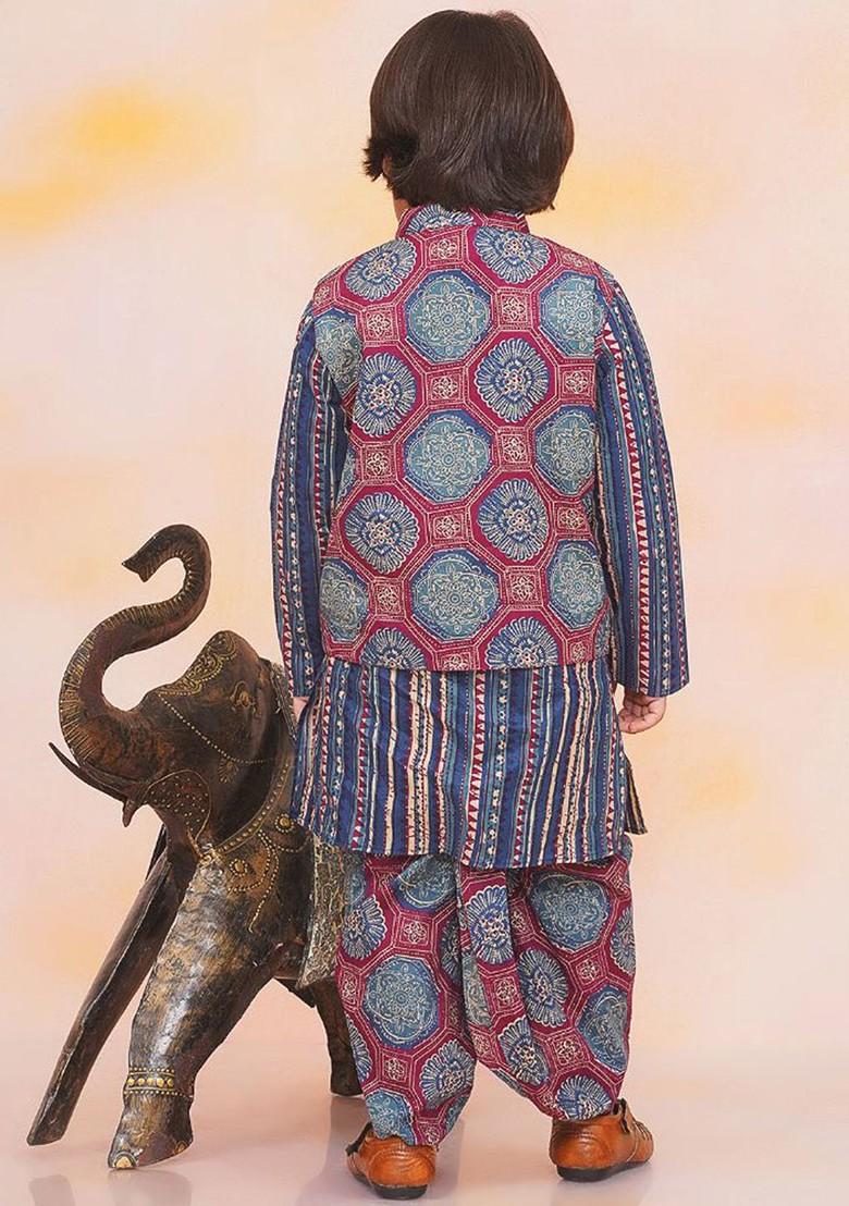 Blue Printed Cotton Kurta Dhoti Set For Boys - Indya