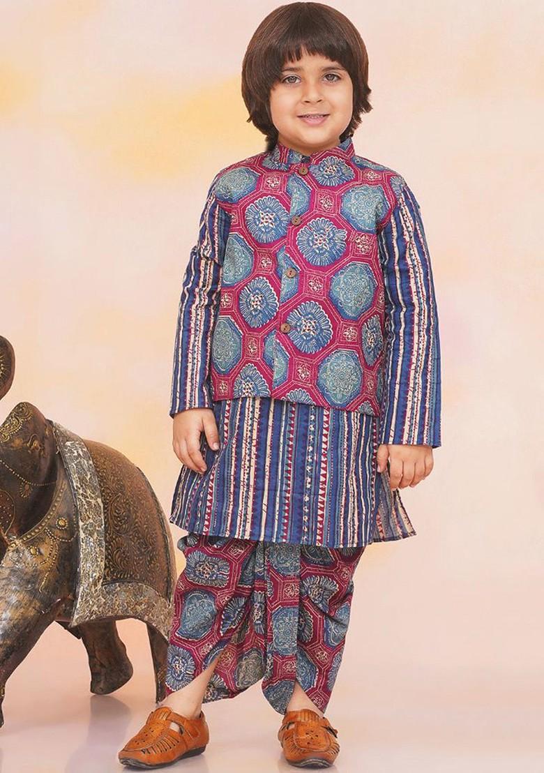Blue Printed Cotton Kurta Dhoti Set For Boys - Indya