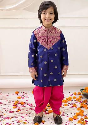 Navy Blue Floral Blended Kurta Dhoti Set For Boys