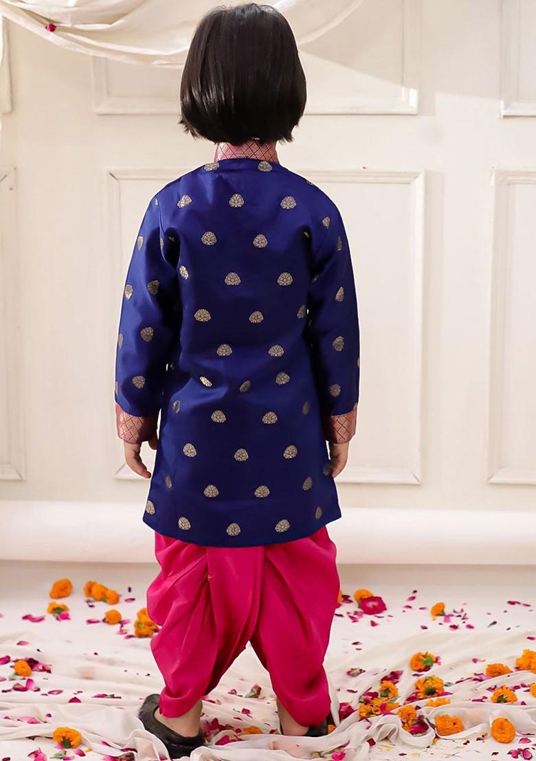 Navy Blue Floral Blended Kurta Dhoti Set For Boys - Indya