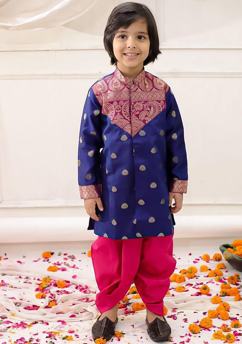 Navy Blue Floral Blended Kurta Dhoti Set For Boys - Indya