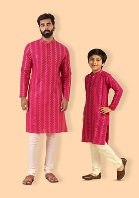 Pink Self Design Cotton Kurta Set For Boys