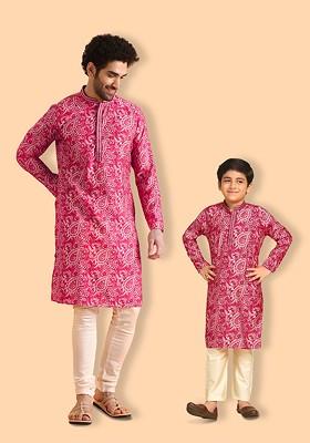 Pink Printed Blended Kurta Set For Boys