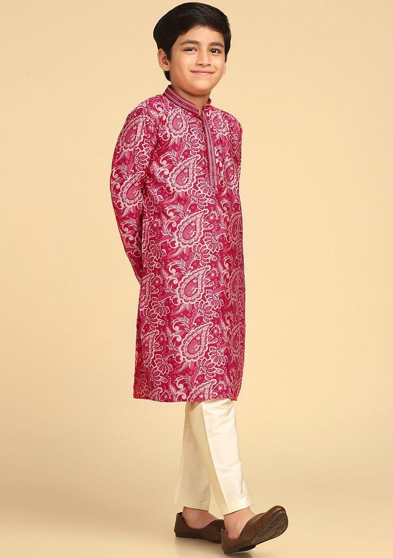 Pink Printed Blended Kurta Set For Boys - Indya