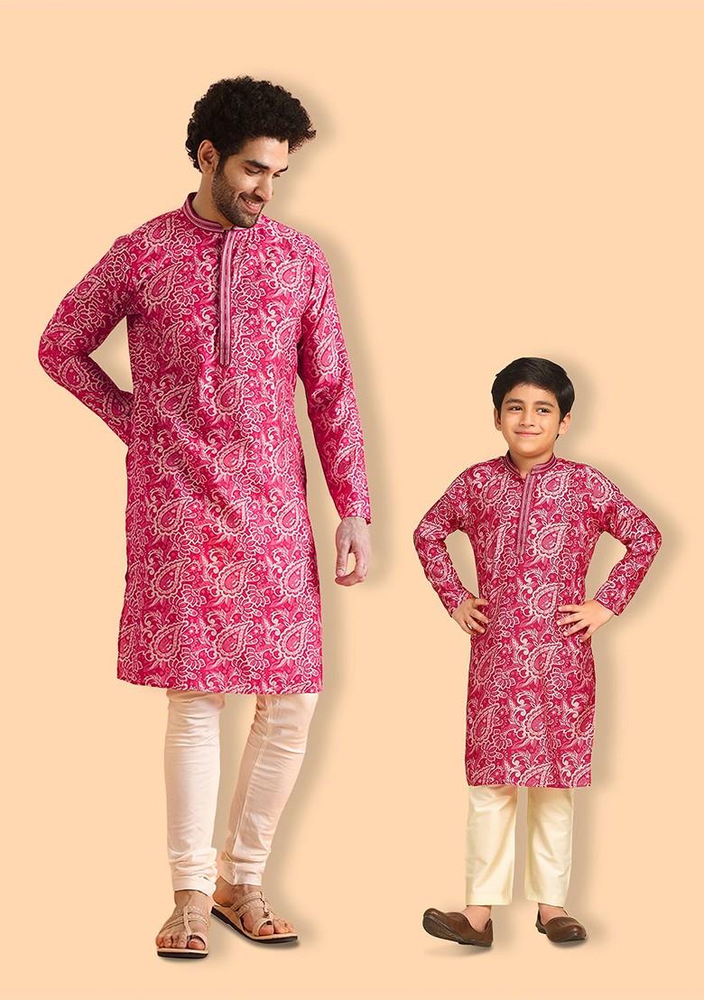 Pink Printed Blended Kurta Set For Boys - Indya