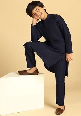 Navy Blue Embroidered Blended Kurta Set For Boys
