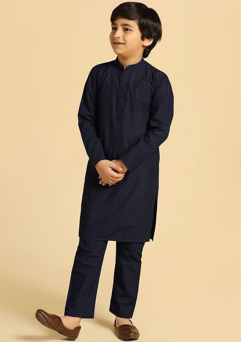 Navy Blue Embroidered Blended Kurta Set For Boys - Indya