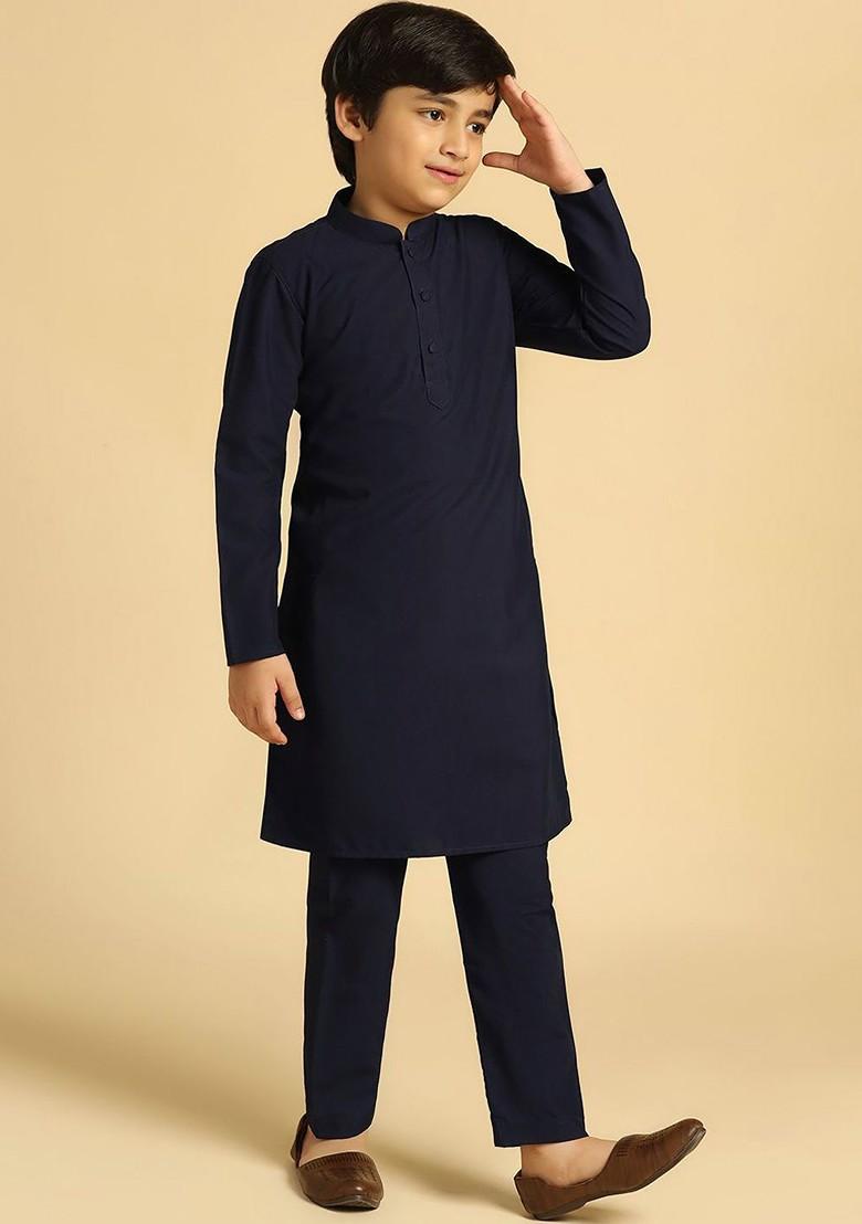 Navy Blue Embroidered Blended Kurta Set For Boys - Indya