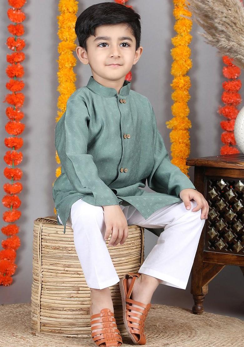 Green Embroidered Cotton Kurta Set For Boys - Indya