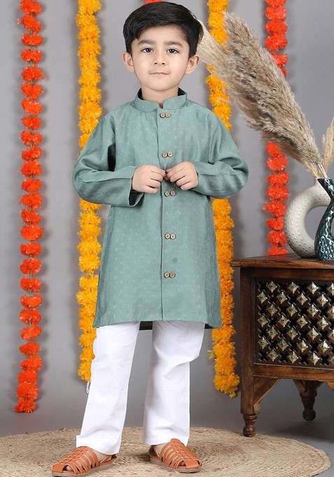 Green Embroidered Cotton Kurta Set For Boys