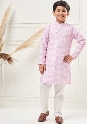 Purple Printed Blended Kurta Set For Boys