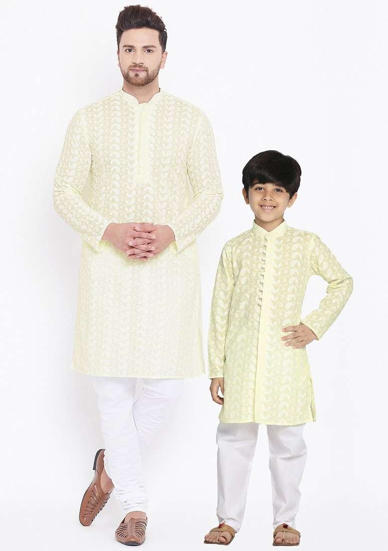 Yellow Embroidered Cotton Kurta Set For Boys - Indya