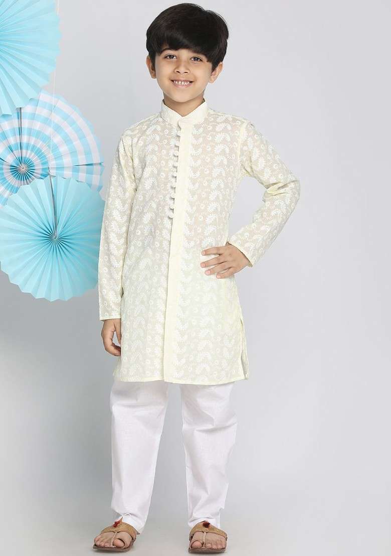 Yellow Embroidered Cotton Kurta Set For Boys - Indya