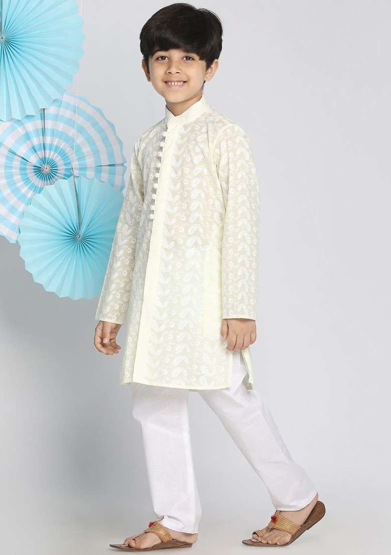 Yellow Embroidered Cotton Kurta Set For Boys - Indya