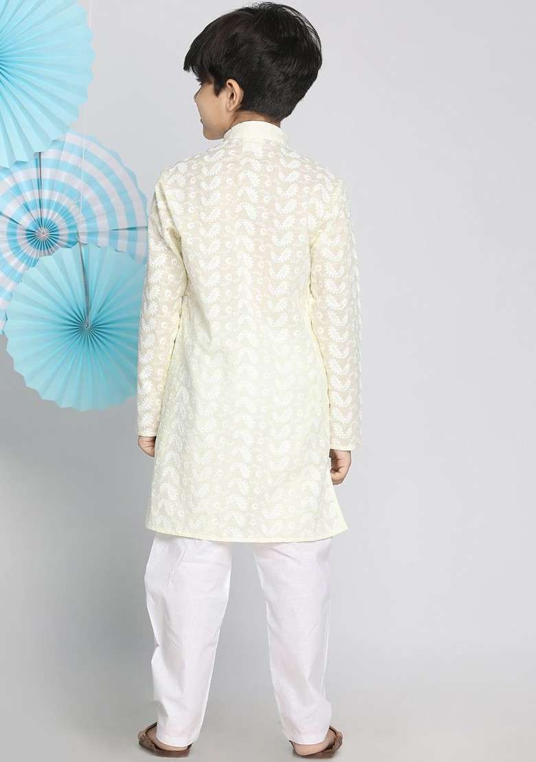 Yellow Embroidered Cotton Kurta Set For Boys - Indya