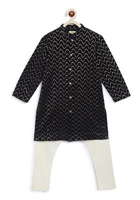 Black Embroidered Cotton Kurta Set For Boys