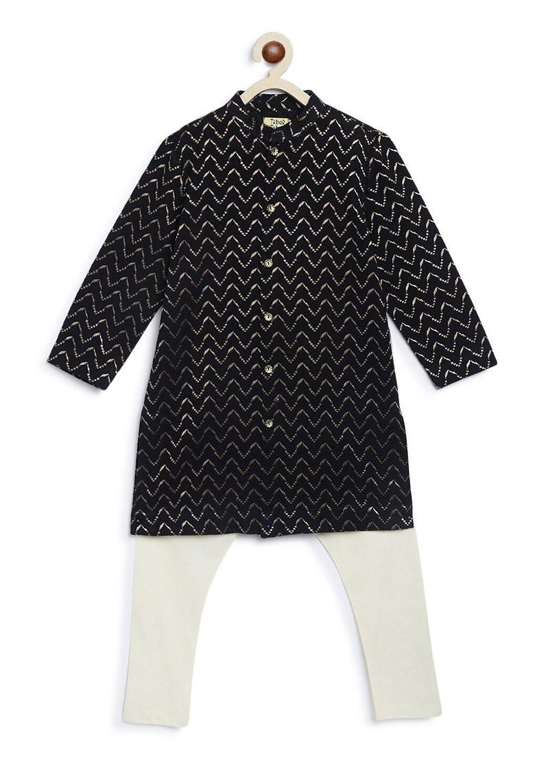 Black Embroidered Cotton Kurta Set For Boys - Indya