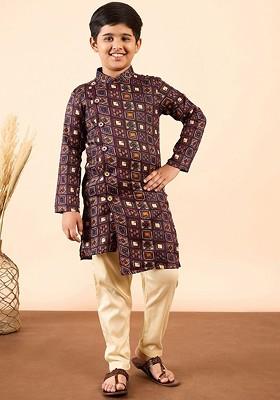 Brown Printed Blended Kurta Set For Boys