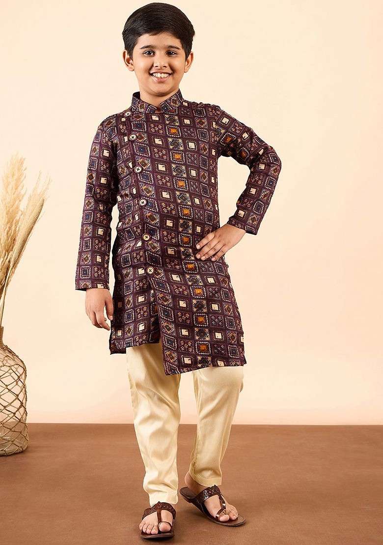 Brown Printed Blended Kurta Set For Boys - Indya