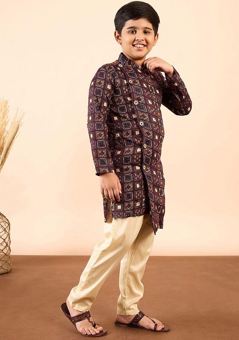 Brown Printed Blended Kurta Set For Boys - Indya