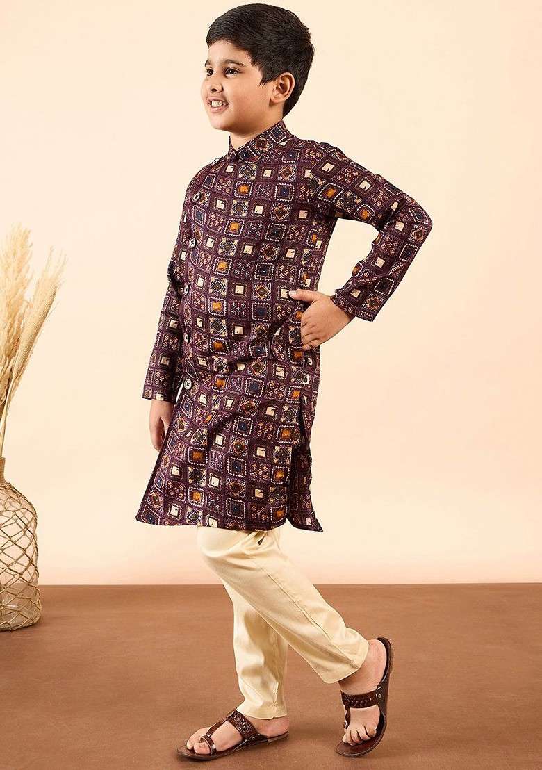Brown Printed Blended Kurta Set For Boys - Indya