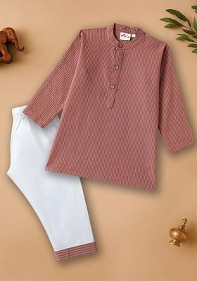 Brown Woven Design Cotton Kurta Set For Boys