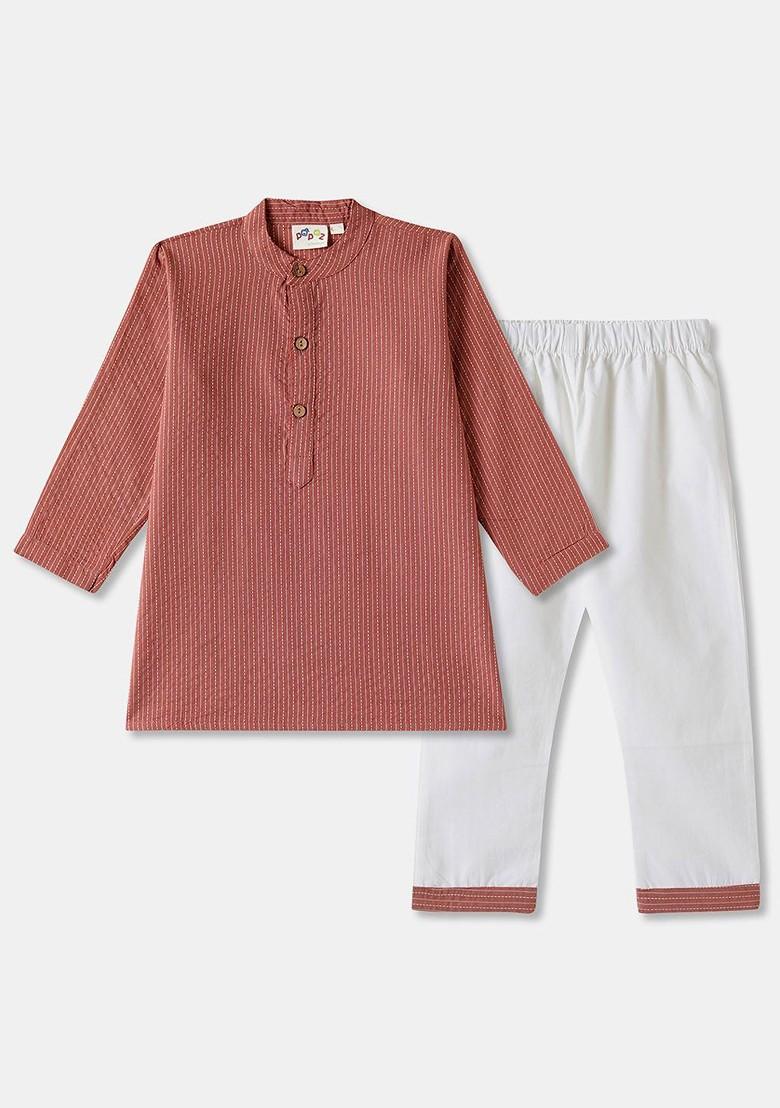 Brown Woven Design Cotton Kurta Set For Boys - Indya