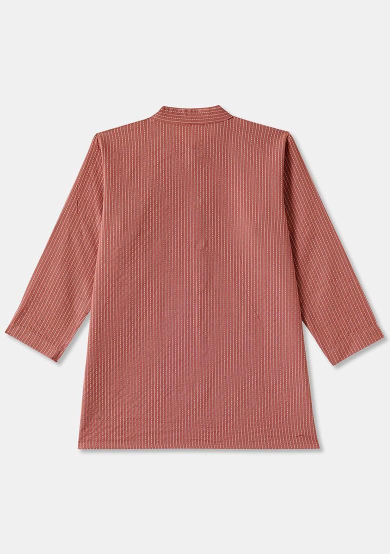 Brown Woven Design Cotton Kurta Set For Boys - Indya