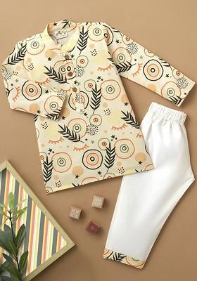 Cream Printed Cotton Kurta Set For Boys