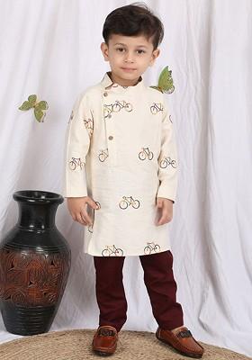 Off White Embroidered Cotton Kurta Set For Boys