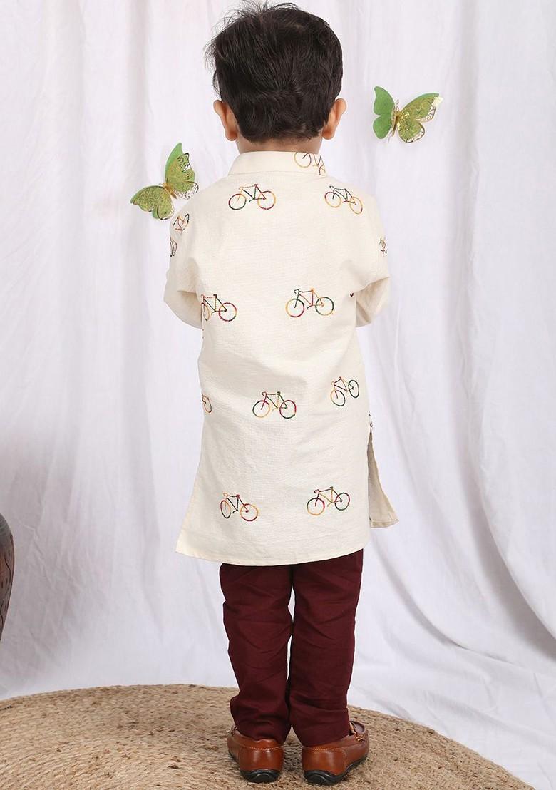 Off White Embroidered Cotton Kurta Set For Boys - Indya