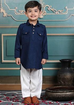 Blue Embroidered Cotton Kurta Set For Boys