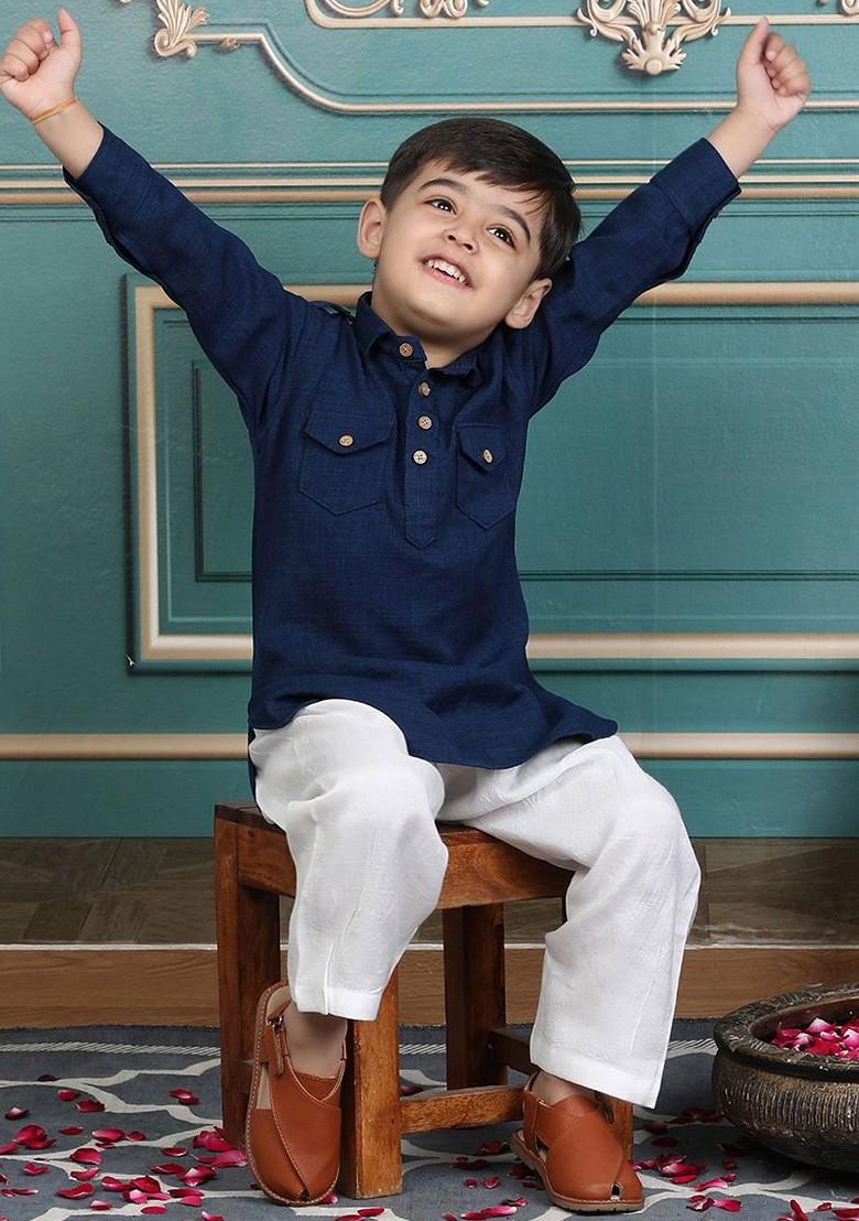 Blue Embroidered Cotton Kurta Set For Boys - Indya